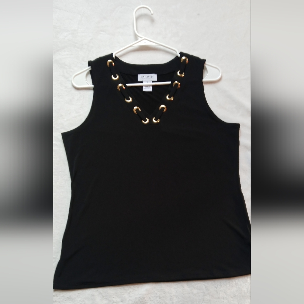 Carmen Elegant Black Tank Top with Gold Eyelets